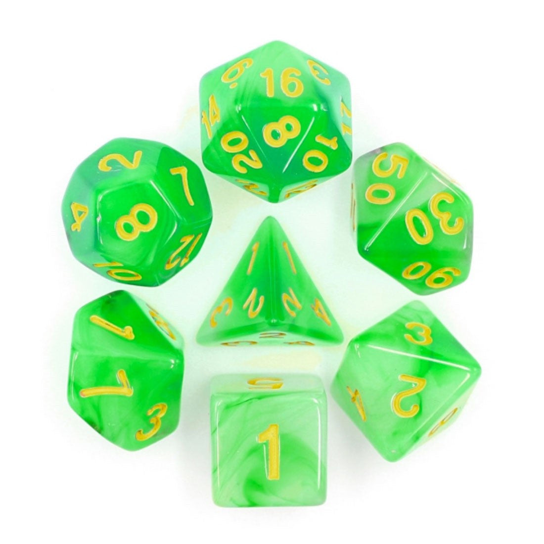 Green Milky 7pc Dice Set Set inked in Gold